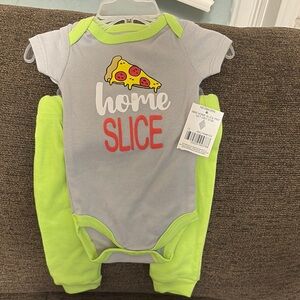 Gray and Green 'Home Slice' Baby Onesie Set